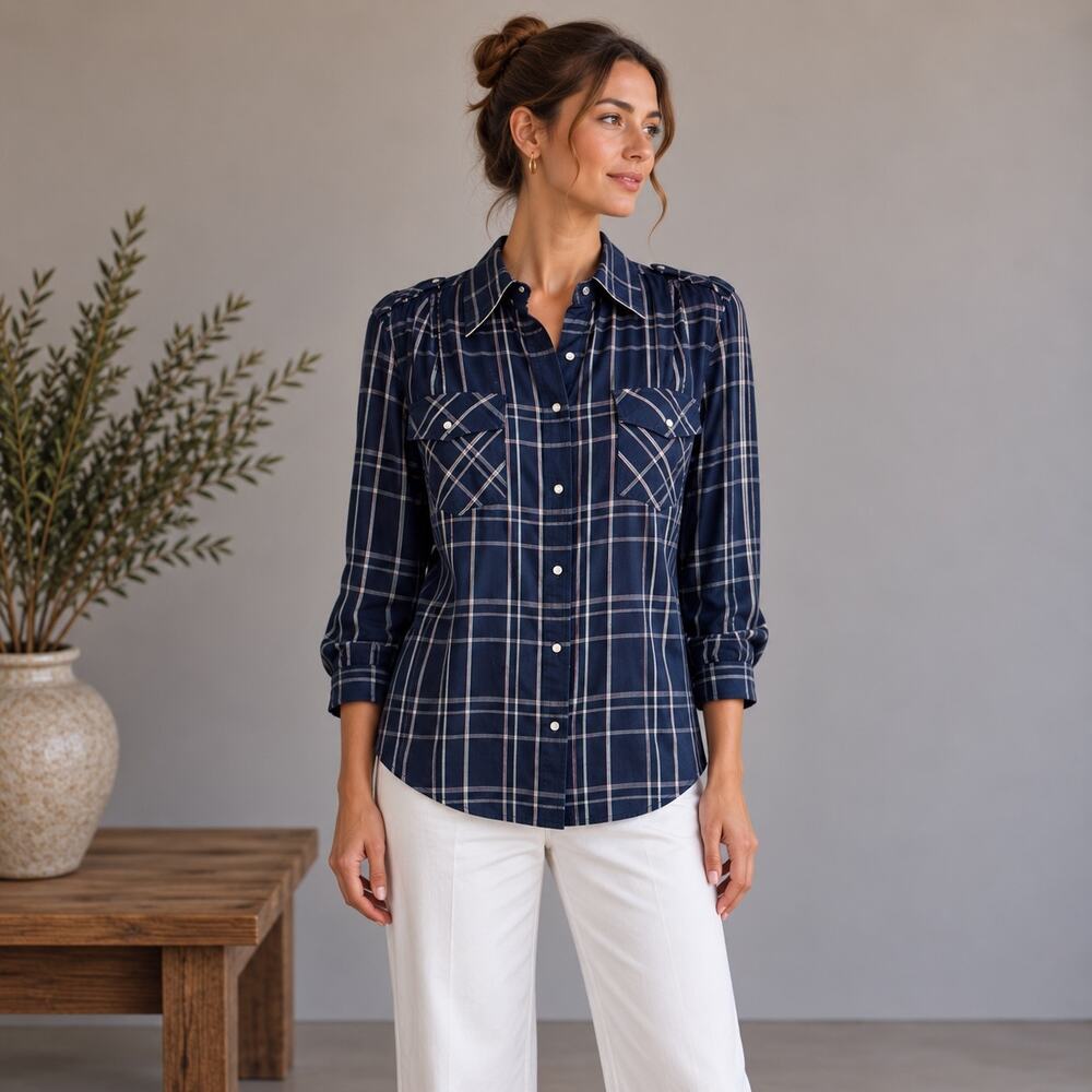Banana Republic Navy White Window Pane Check Plaid Snap Front Shirt Medium